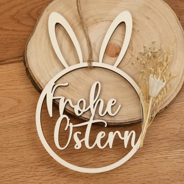 Holzschild mit Hasenohren – Frohe Ostern mit verschiedenen Motiven